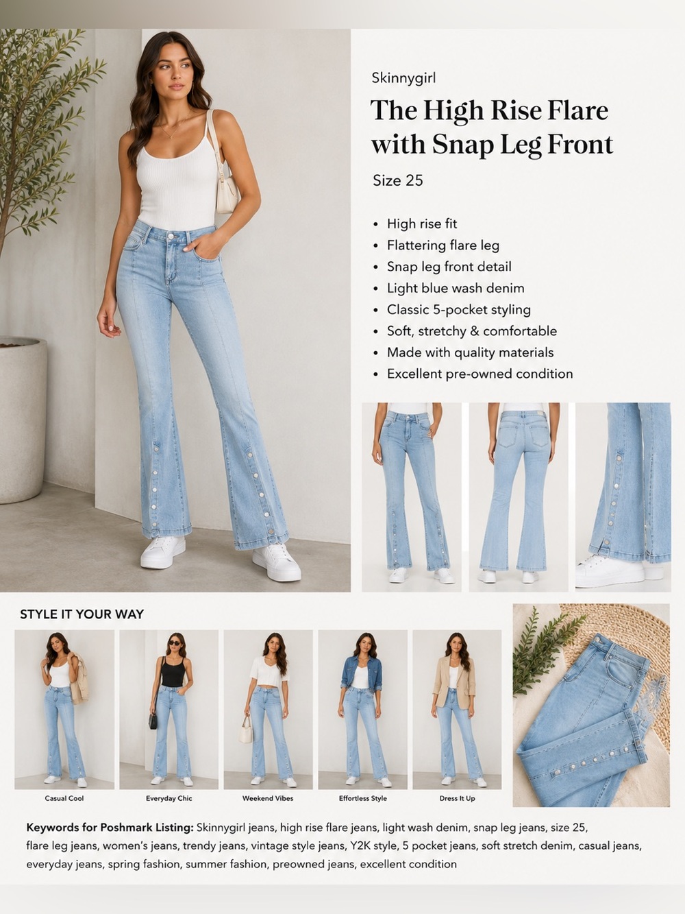 Skinnygirl Jeans The High Rise Flare with cute snap leg front Sz 25